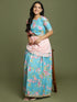 Girl's Aqua Blue Floral Print Crop Top & Lehenga Set With Dupatta